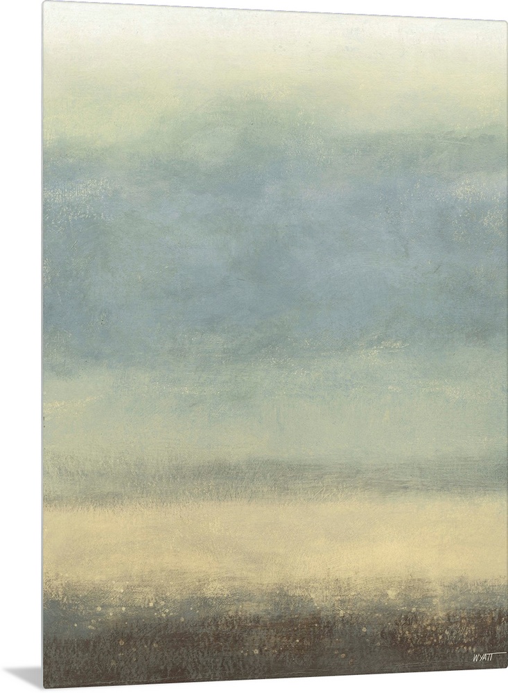 Contemporary abstract painting using pale blue and cream tones.