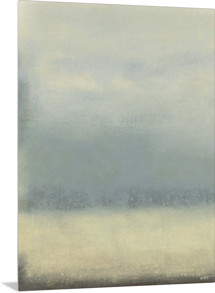 Contemporary abstract painting using pale blue and cream tones.