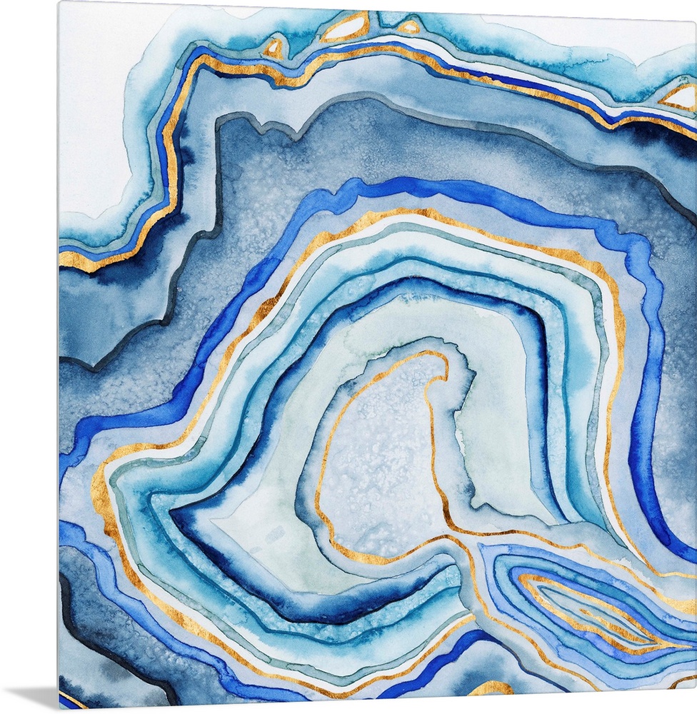 Abstract artwork in blue and gold layers resembling a cross section of an agate stone.