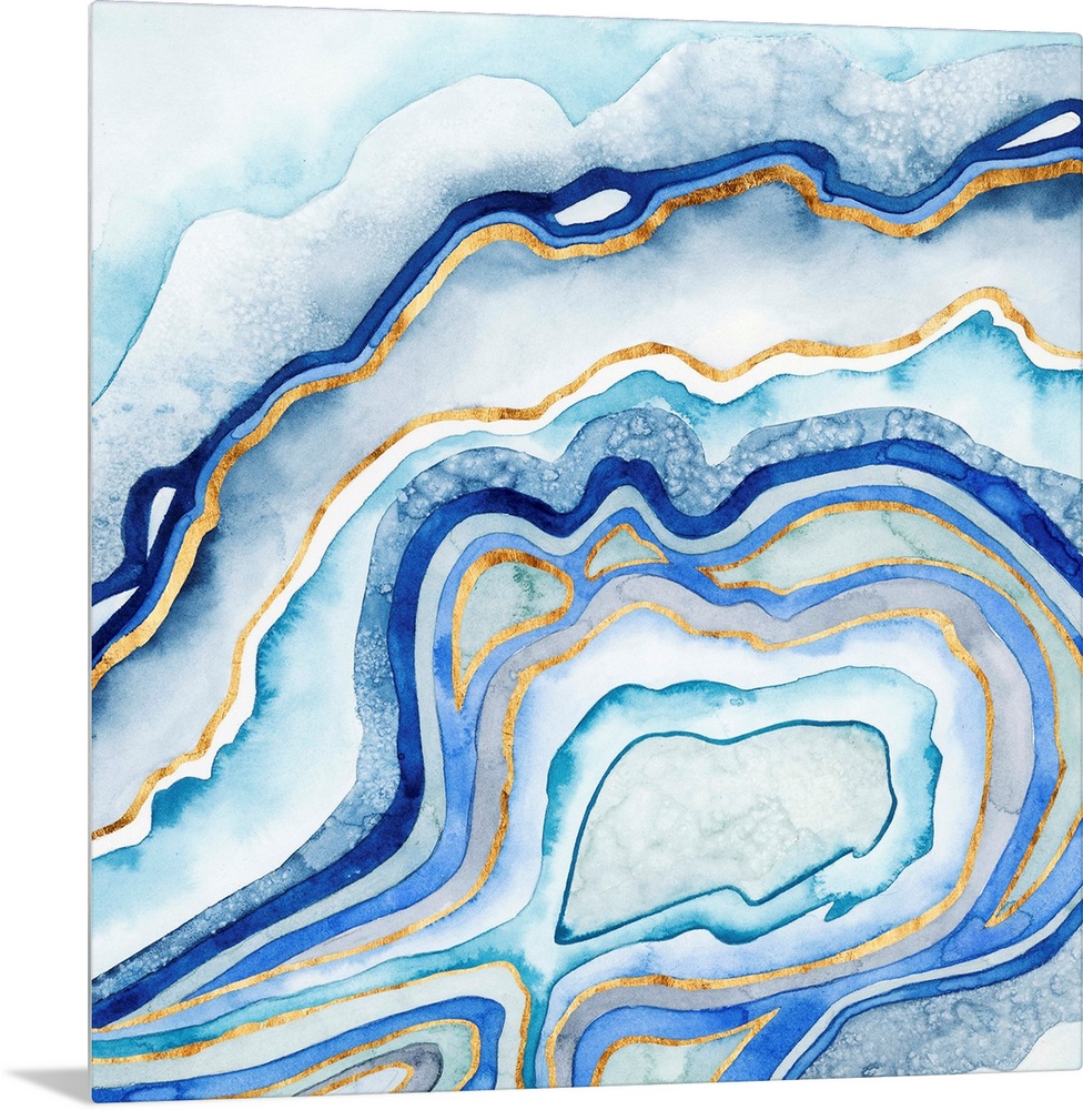 Abstract artwork in blue and gold layers resembling a cross section of an agate stone.