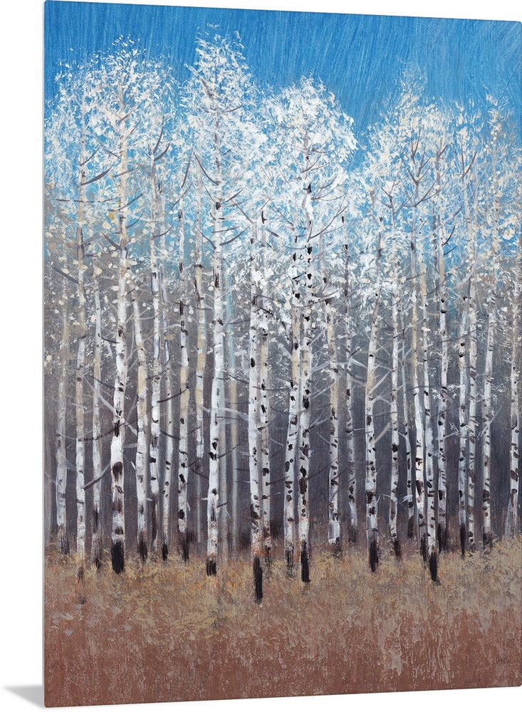 Contemporary painting of a forest of white birch trees under a blue sky.