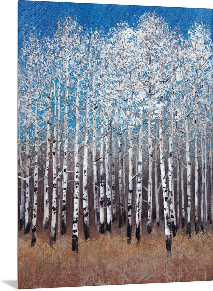 Contemporary painting of a forest of white birch trees under a blue sky.