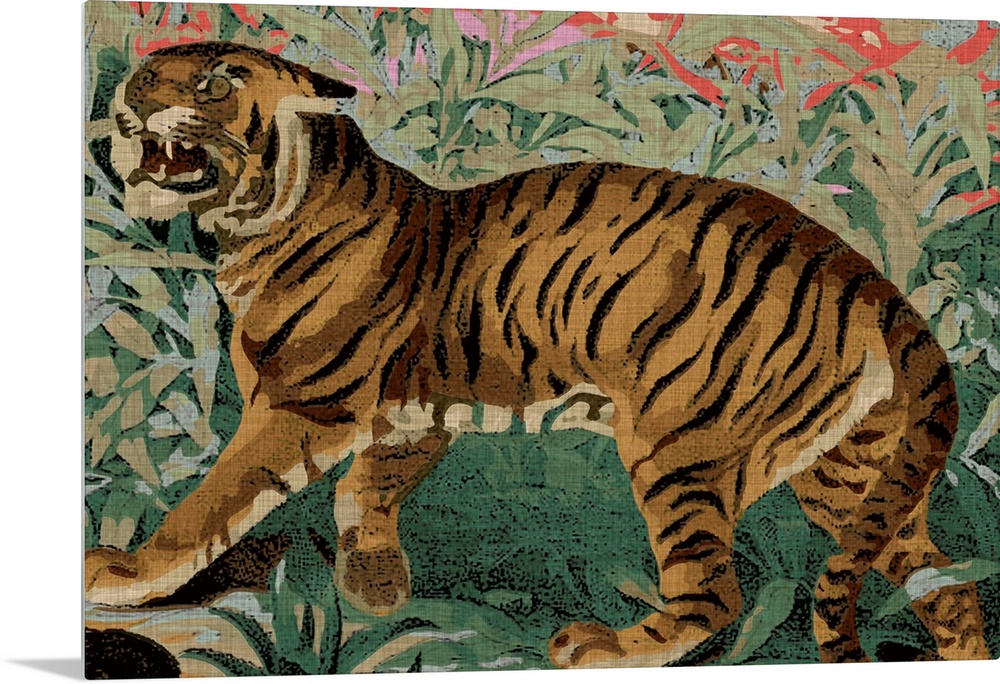 Bohemian painting of a tiger in front of a floral background.