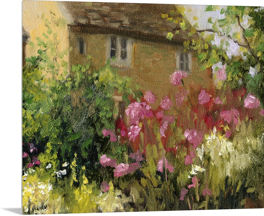 Contemporary painting of a countryside cottage scene.