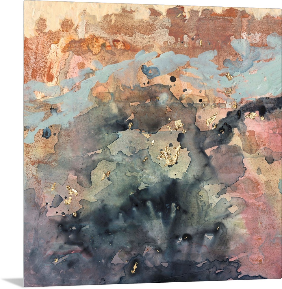 Square abstract painting in blended colors of brown, pink, blue and gray with gold accents overlapping.