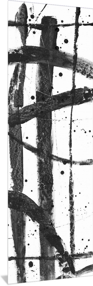 Contemporary abstract painting with criss-crossing black lines on a white background.