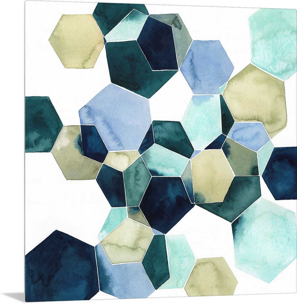 Watercolor geometric painting of intersecting hexagons in blue tones.