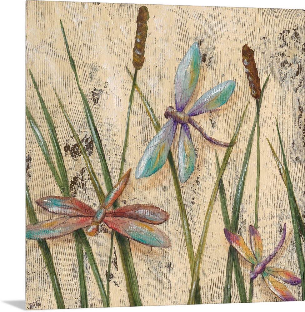 A transitional image of three jewel-toned dragonflies hovering among cattail grasses. This artwork would suit a traditiona...