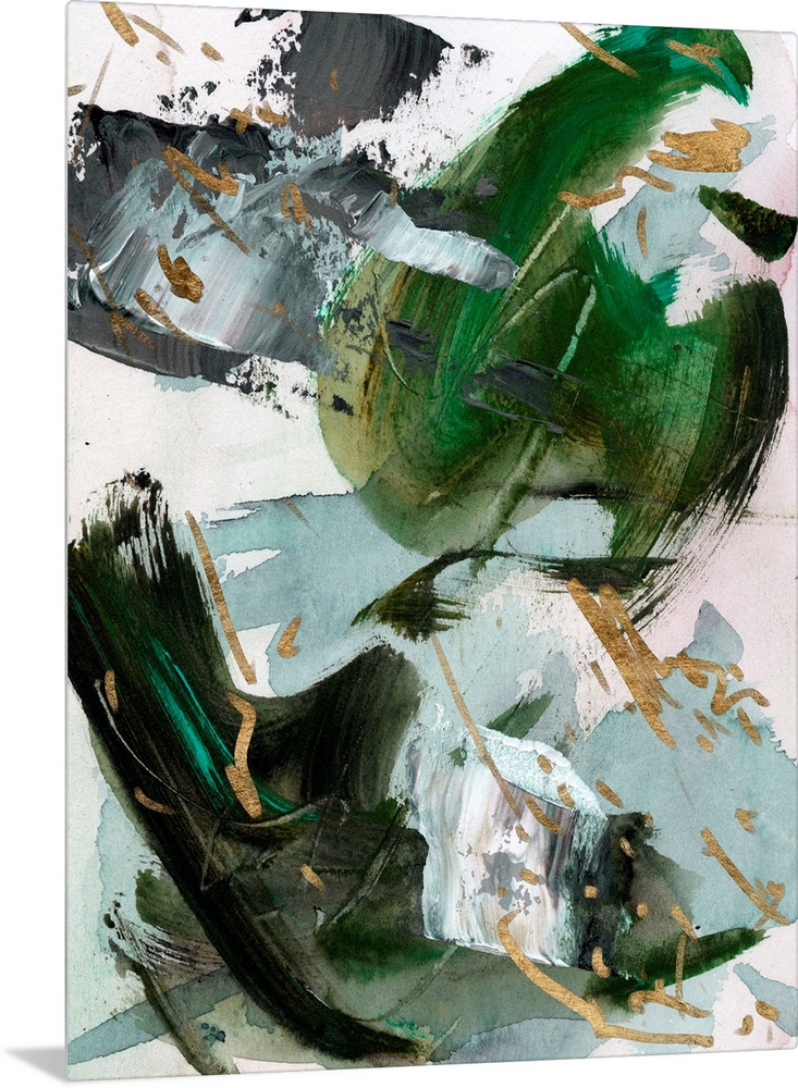 A bold, masculine abstract in shades of dark green and seafoam with gold accents. This contemporary piece would be a stand...