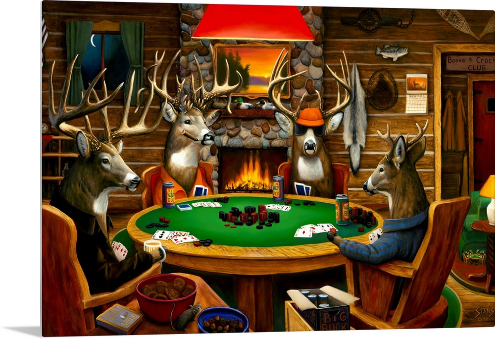Big canvas painting of four deer sitting around a circular table playing poker in a wooden cabin.