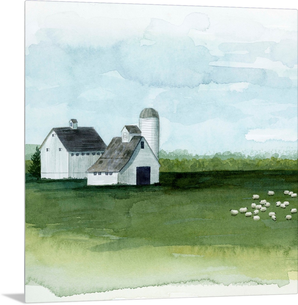 Watercolor painting of barn on a farm with a herd of sheep grazing at pasture.