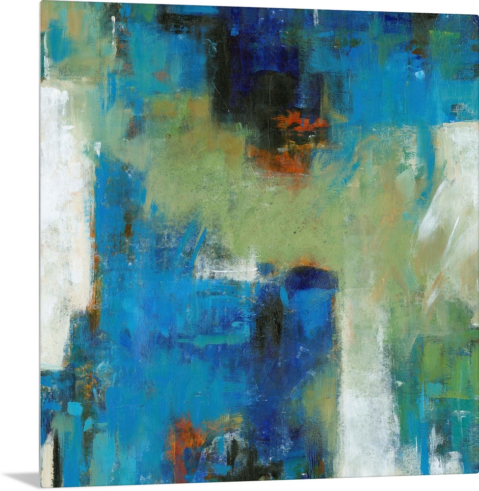 Contemporary abstract painting using vibrant blue and green tones.