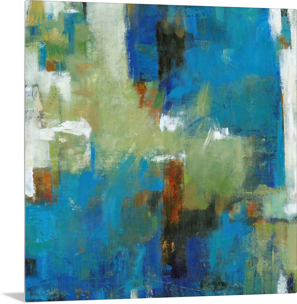 Contemporary abstract painting using vibrant blue and green tones.