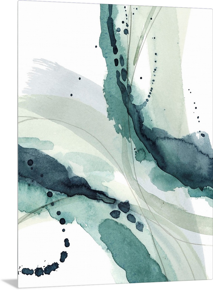 Contemporary watercolor painting of broad curved brushstrokes in teal and grey.