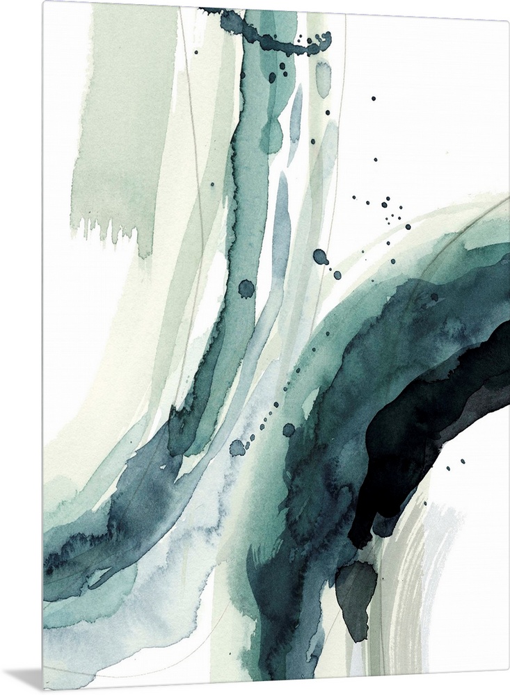 Contemporary watercolor painting of broad curved brushstrokes in teal and grey.