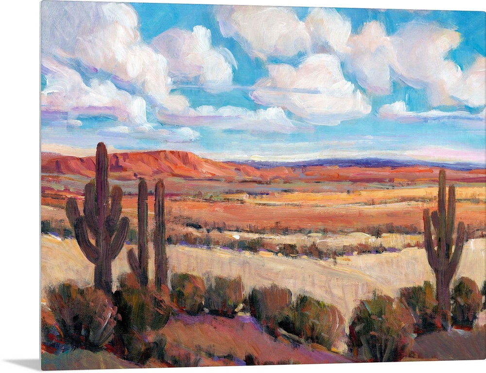 Contemporary landscape painting of a bright blue cloudy sky overlooking a desert.