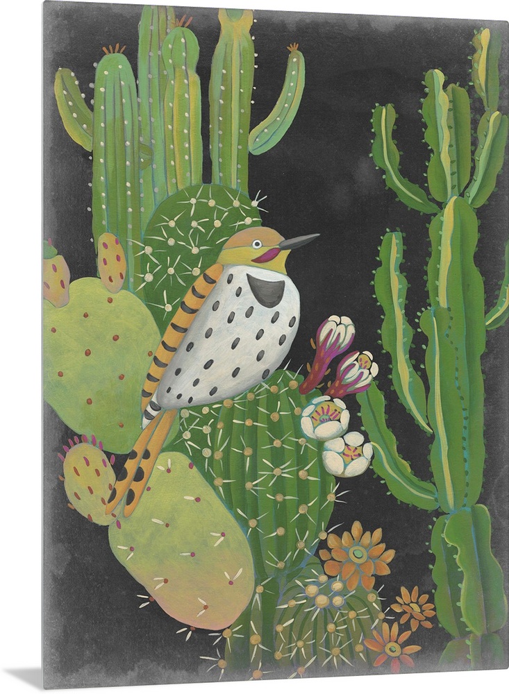 Contemporary Southwestern-themed artwork of a Gila Woodpecker on a cactus.