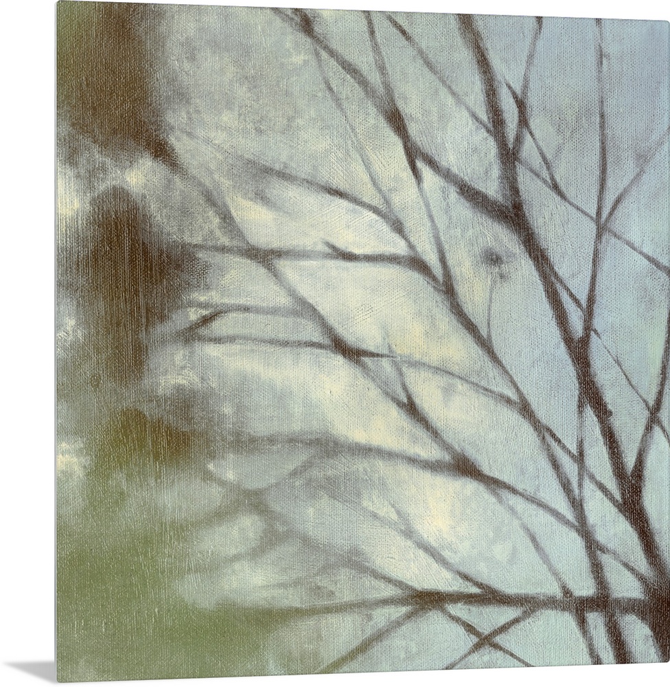 Square painting on canvas of tree branches.
