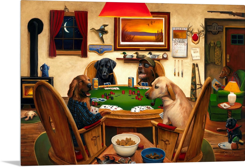 Horizontal artwork on a big canvas of four dogs, two wearing human clothing, sitting around a table playing poker and drin...