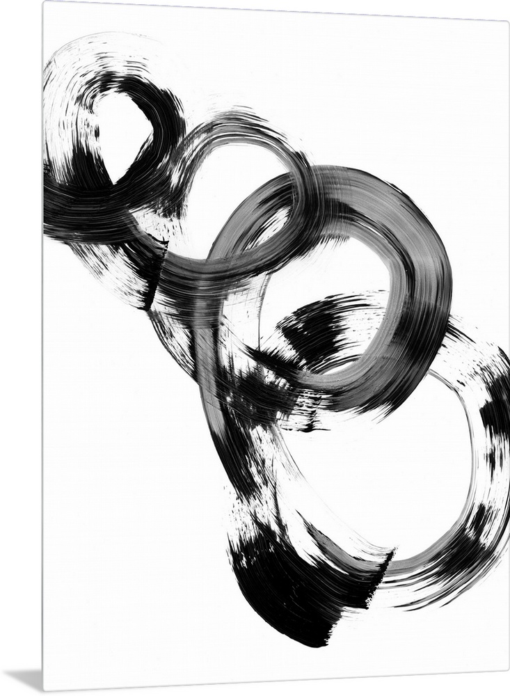 Contemporary abstract painting of interlocking circular shapes in black and white.