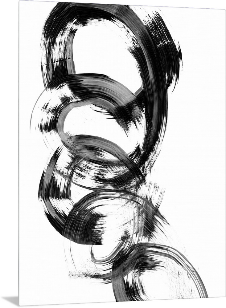 Contemporary abstract painting of interlocking circular shapes in black and white.