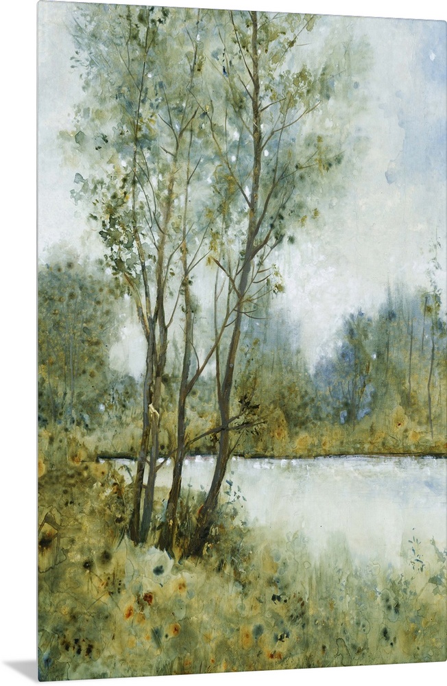 Contemporary painting of an idyllic countryside scene with trees and a river.