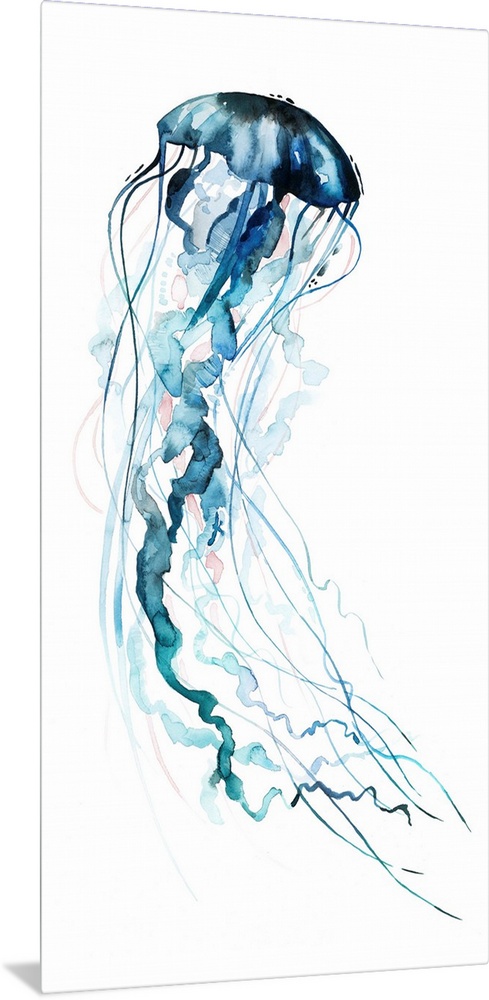 Large panel watercolor painting of a jellyfish made in shades of blue with hints of pale pink.