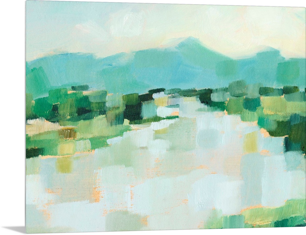 Contemporary landscape painting with short brushstrokes in a variety of greens.