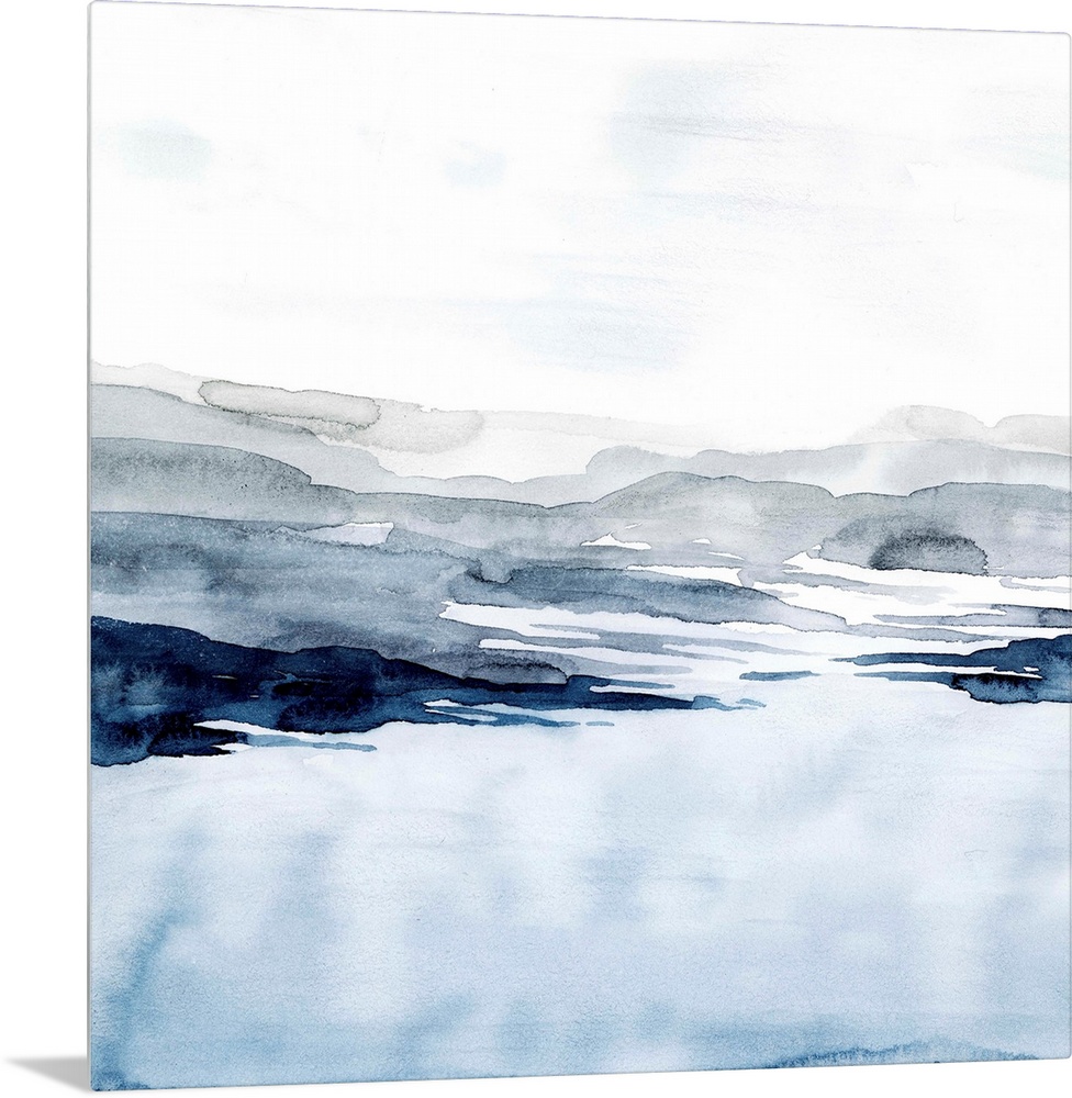 Watercolor landscape art of a pale blue ocean under a light grey sky.