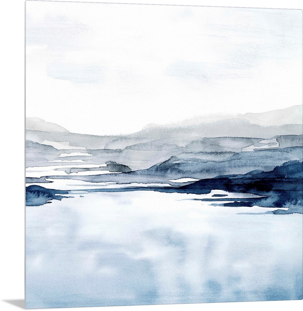 Watercolor landscape art of a pale blue ocean under a light grey sky.