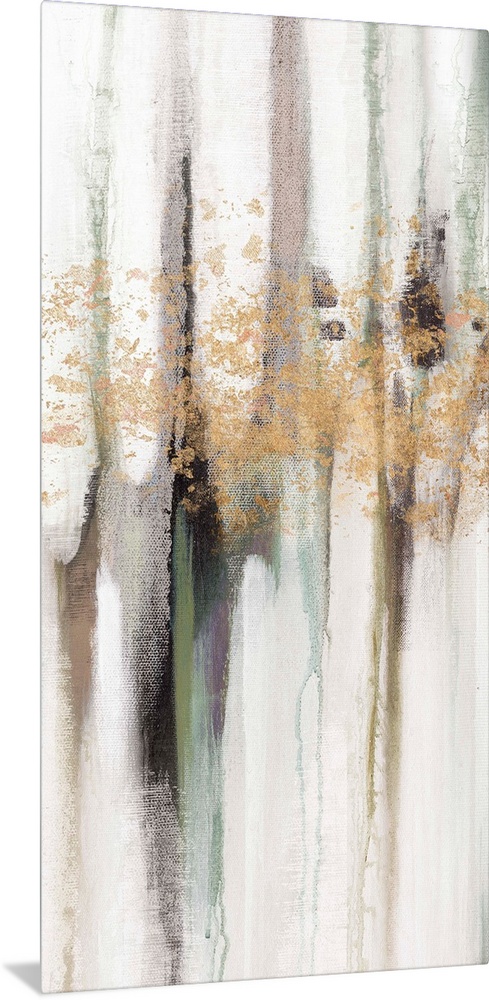 Contemporary abstract painting using tones of pale gray and gold splashes of color.