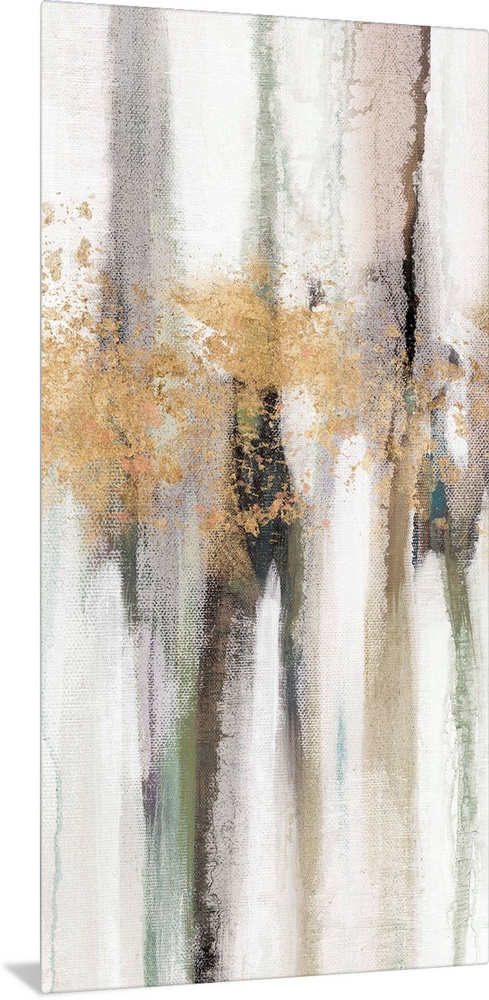 Contemporary abstract painting using tones of pale gray and gold splashes of color.