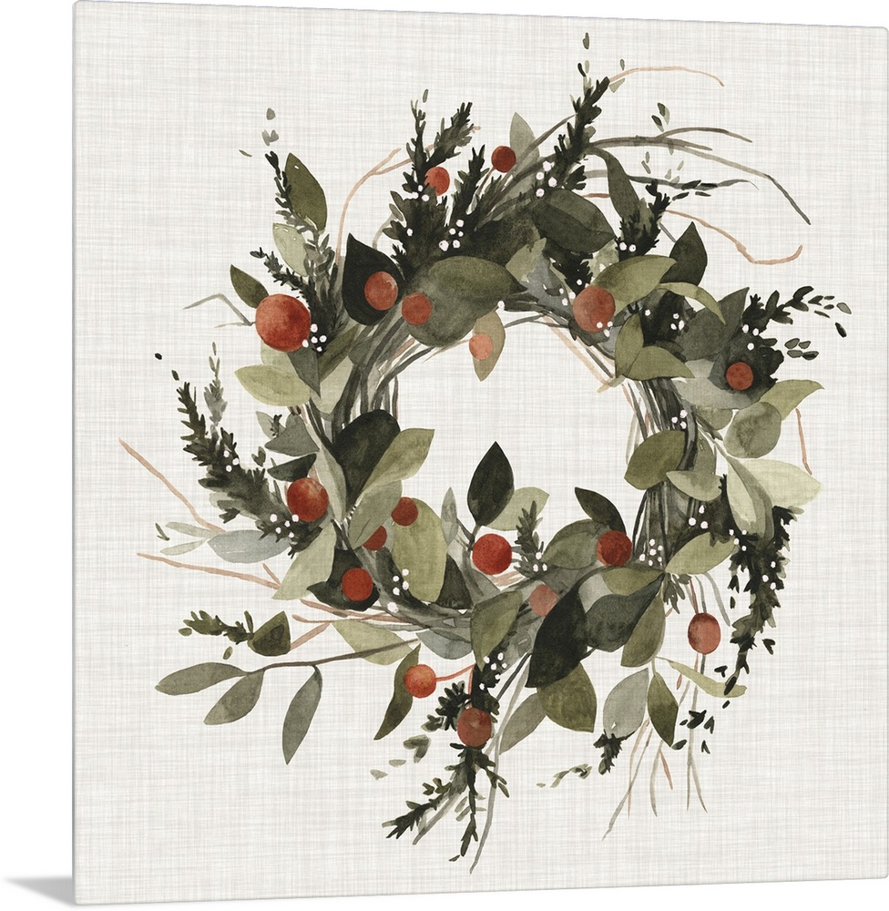 A decorative farmhouse wreath of holiday greenery and berries on a linen background.