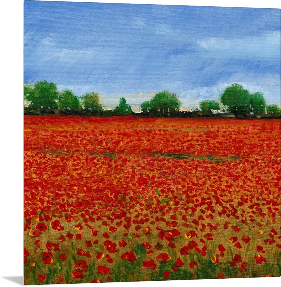 Contemporary painting of a field of red poppies under a blue sky.