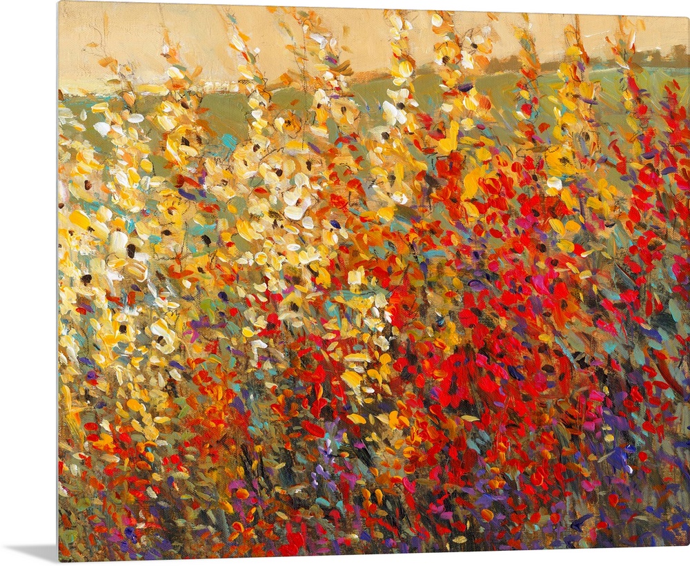 A glorious tangle of wildflowers in warm yellow and red tones. This modern painting in the impressionist style image featu...