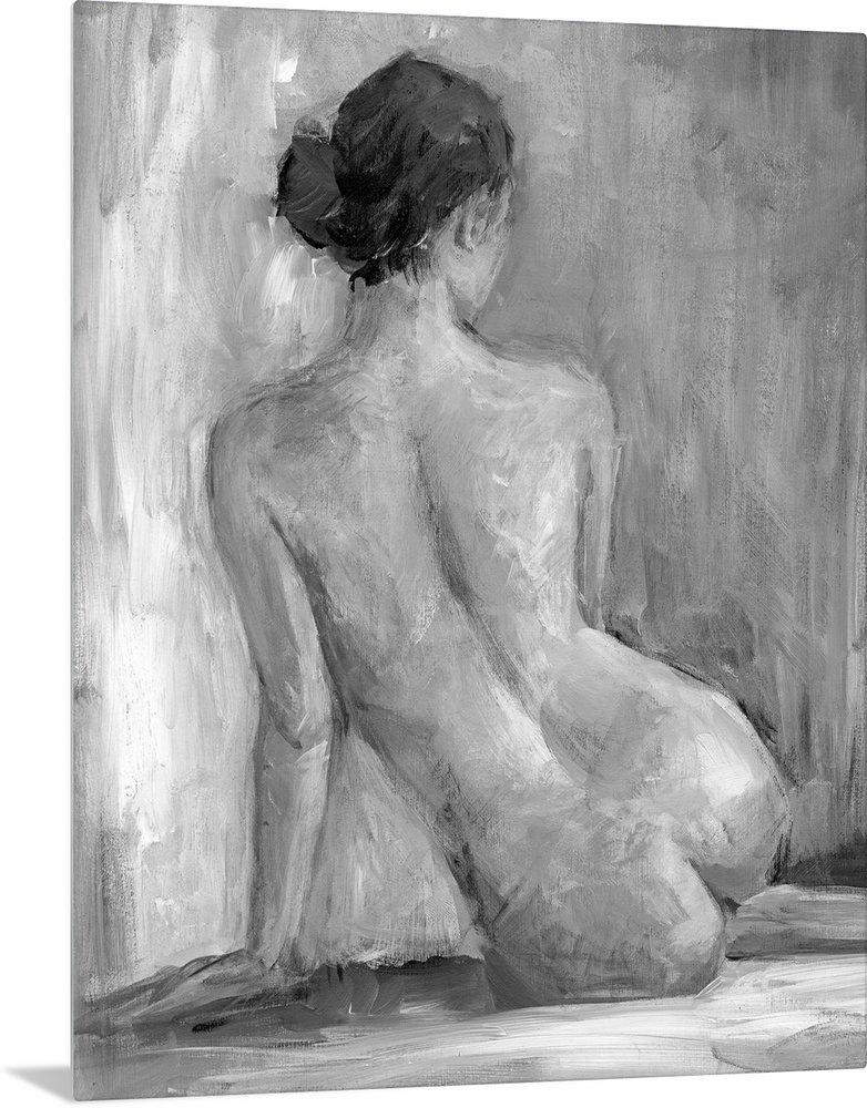 Nude portrait of the back of a seated woman. Her back to the artist the lady stares off into the distance as she supports ...