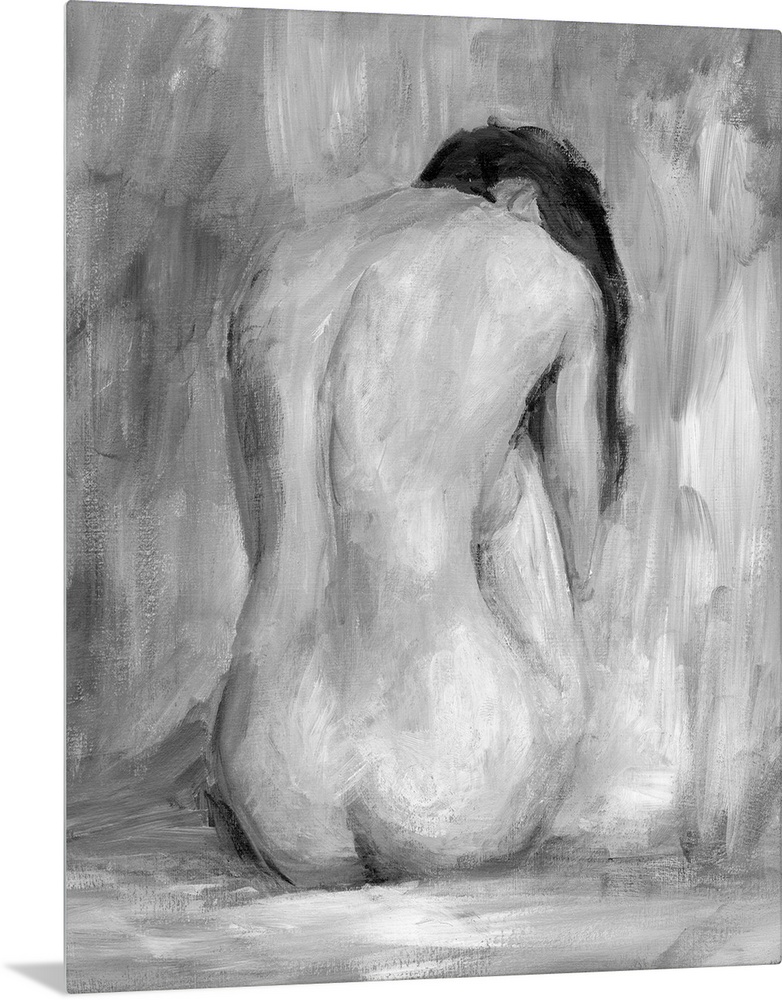 Portrait, large figurative painting of the back of a nude woman sitting on the floor, her head hanging down.  Painted in h...