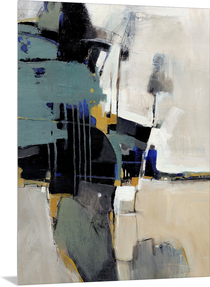 This vertical contemporary painting is an abstraction of dark shapes contrasting with a light background and small dribble...