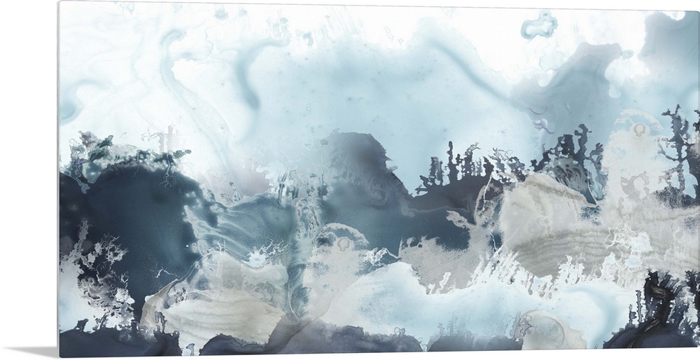 Horizontal abstract painting of blended blue tones of watercolor.