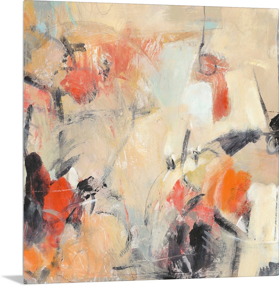 Contemporary abstract painting in various colors like muted orange and bright orange-red.