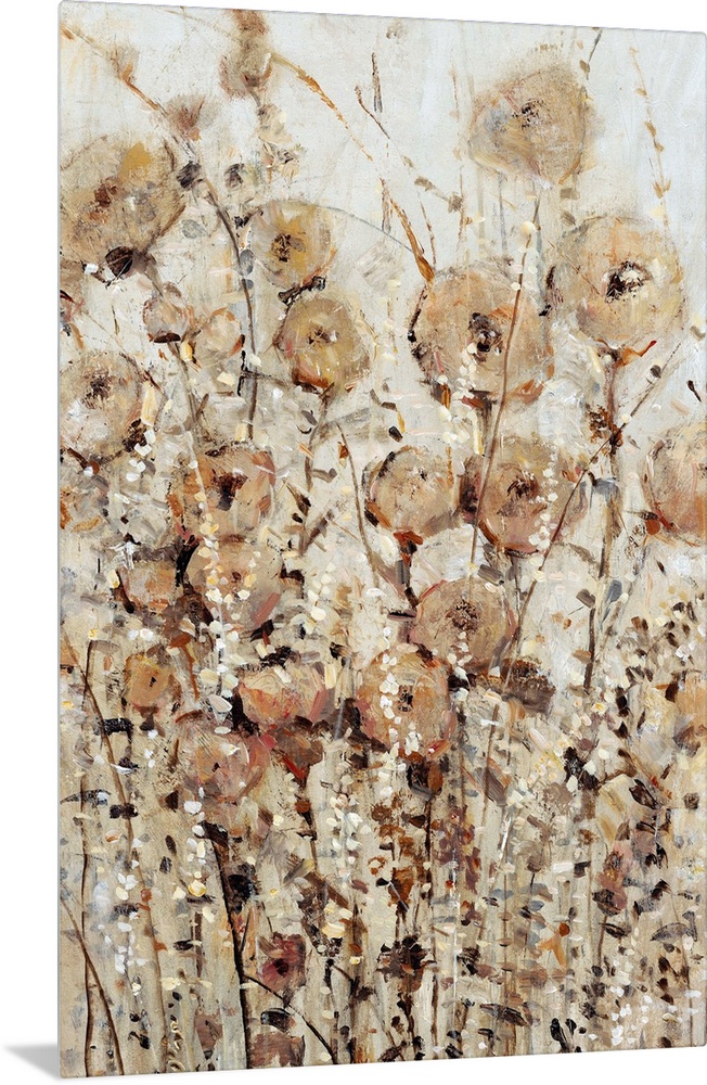 Contemporary painting of abstracted wildflowers in various brown hues.