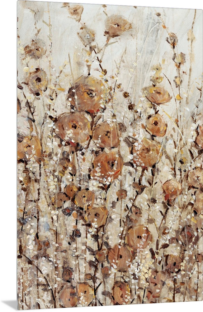 Contemporary painting of abstracted wildflowers in various brown hues.