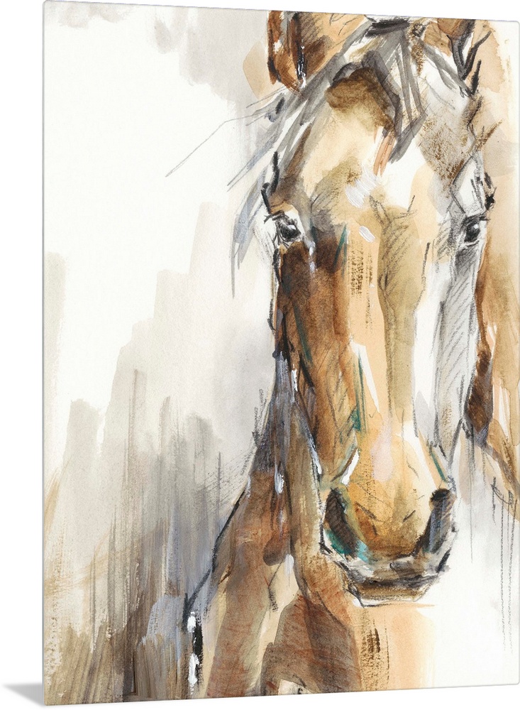 Beautiful artwork of a tan horse in a loose, sketchy, watercolor style. This elegant image would compliment a farmhouse or...