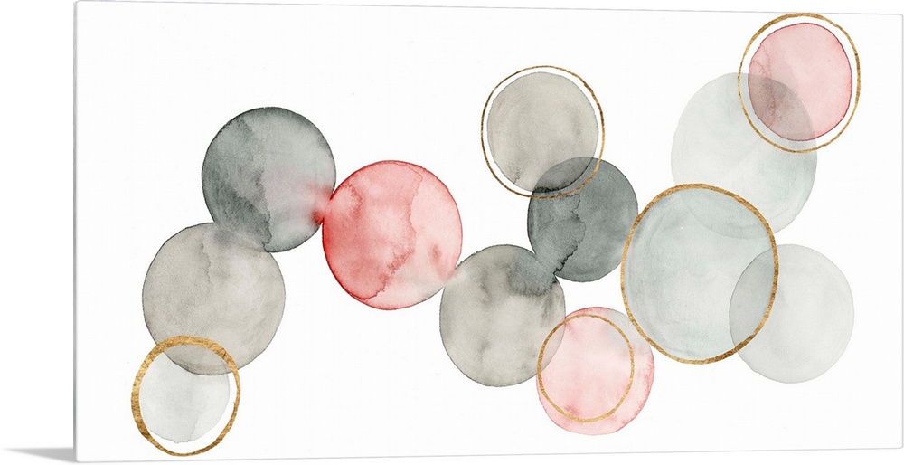 Contemporary abstract painting with watercolored circles connecting together in shades of gray and pink, with metallic gol...