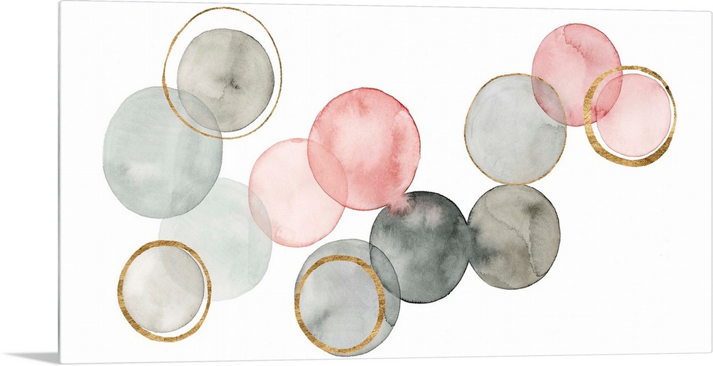 Contemporary abstract painting with watercolored circles connecting together in shades of gray and pink, with metallic gol...