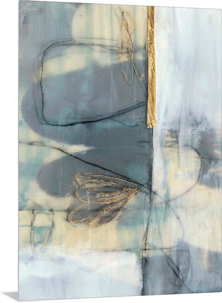 Whimsical contemporary abstract collage in grey-blue and gold.