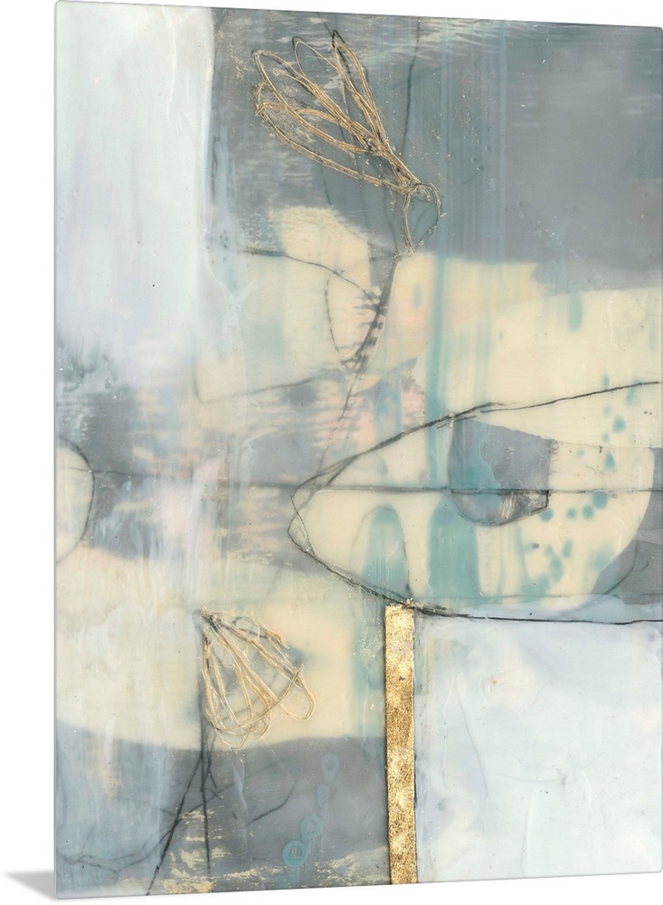 Whimsical contemporary abstract collage in grey-blue and gold.