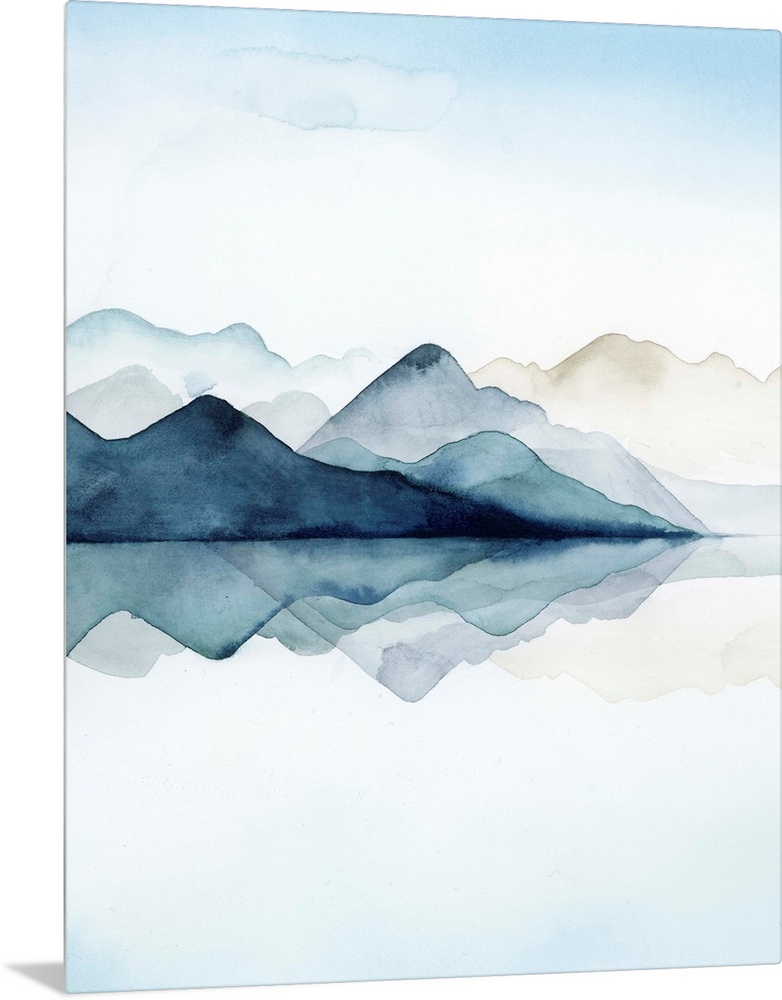 Watercolor painting of misty mountains reflected in glacial waters.