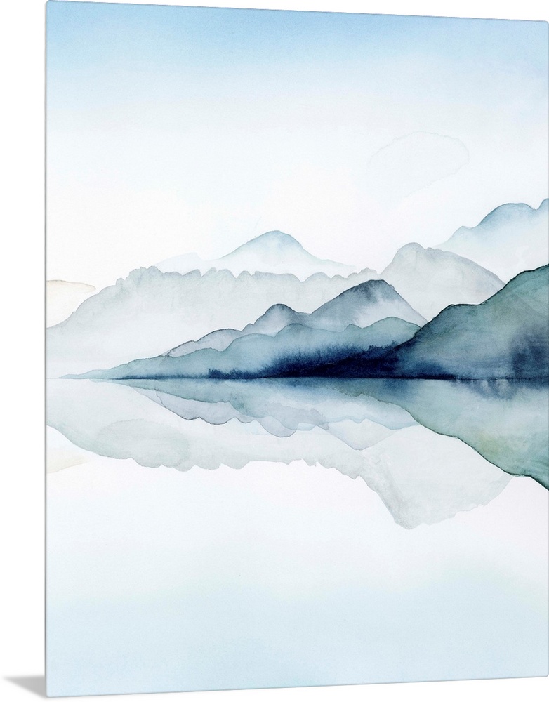 Watercolor painting of misty mountains reflected in glacial waters.