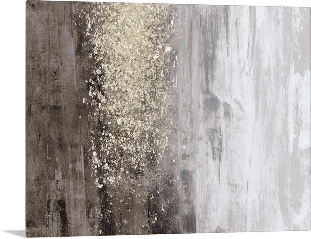 A horizontal, neutral abstract in tones of warm grey with a glittery gold accent. The background is reminiscent of natural...